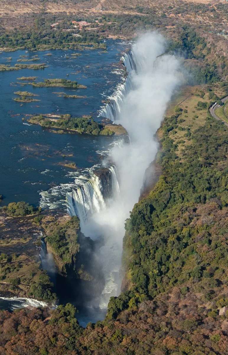 Aerial view of Victoria Falls and the Zambezi on the Zambia–Zimbabwe border
